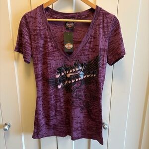 Harley-Davidson Women's Maroon Purple Burnout/Distressed V-Neck Tee-Size L-NWT